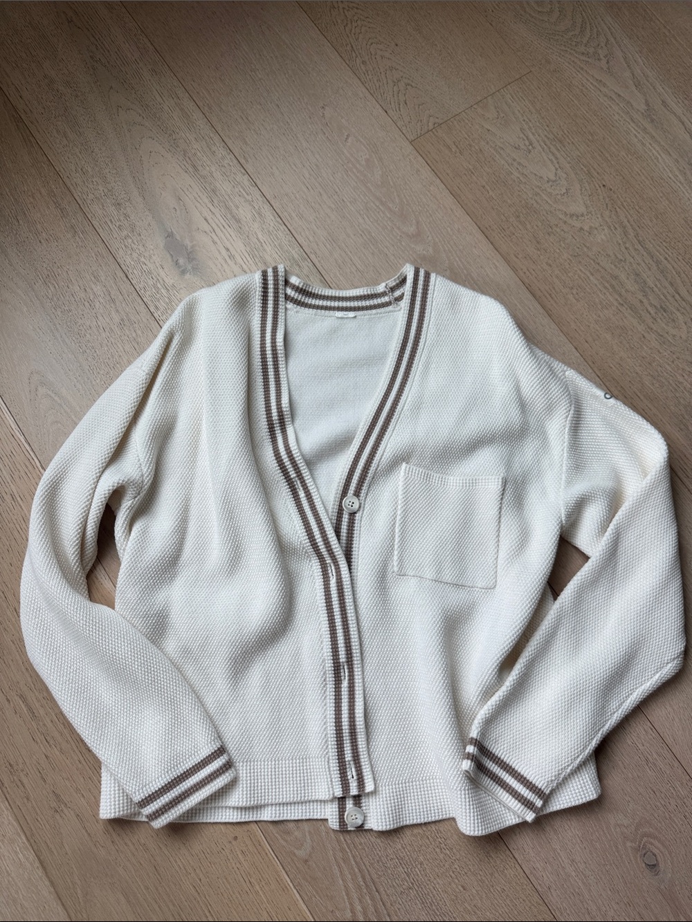 ALO Yoga Cream Cardigan with Brown Contrast Trim